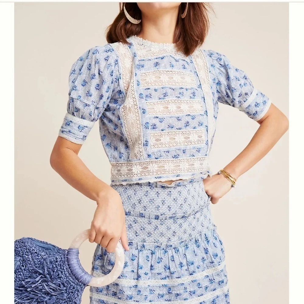 Anthropologie Love Sam Harper floral lace ruffle trim cropped blouse
